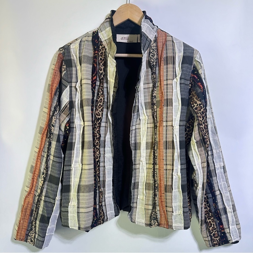Vintage Anu by Natural art plaid leopard black tan patchwork open front jacket